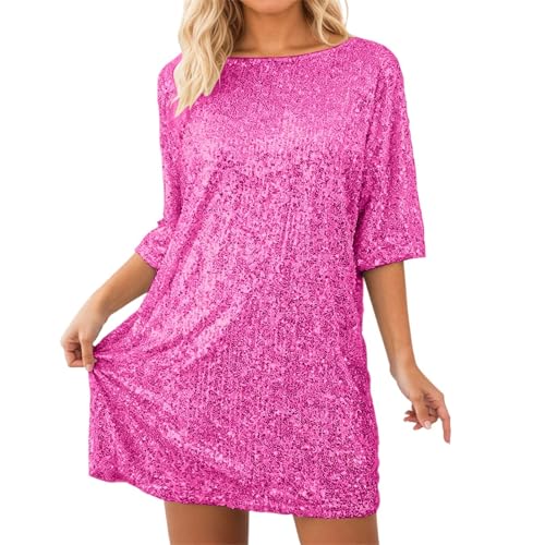 QJDFLL Glitzerndes Paillettenkleid für den Alltag, Kurze Ärmel, Rundhalsausschnitt, lockere Passform, Elegantes Tunika-Top, bequem, ideal Partys, Clubbesuche und vielseitige(RD2,S)