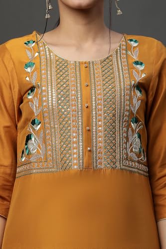 Image of Aurelia Women's Yellow Dori Emb & Zari & Sequins Viscose Blend Straight Kurta and Flared Skirt Set