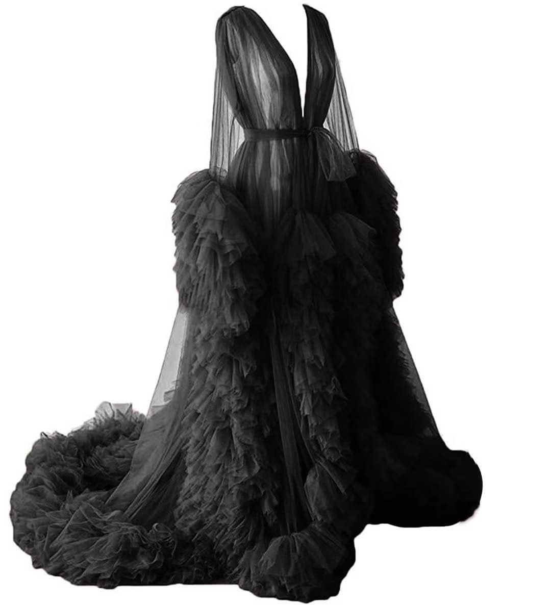 BATHGOWN Sexy Illusion Long Lingerie Tulle Robe Nightgown Bathrobe Sleepwear Bridal Robe Wedding Scarf