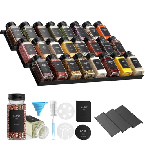 Gvdeirn Spice Jars Set with Shelf (120 ml, 24pack) Glass Storage Jars with Lids with 6 Spice Rack Drawers, 372 Labels, 48 Shaker Inserts, Funnel & Brush, Kitchen Spice Organiser Drawer
