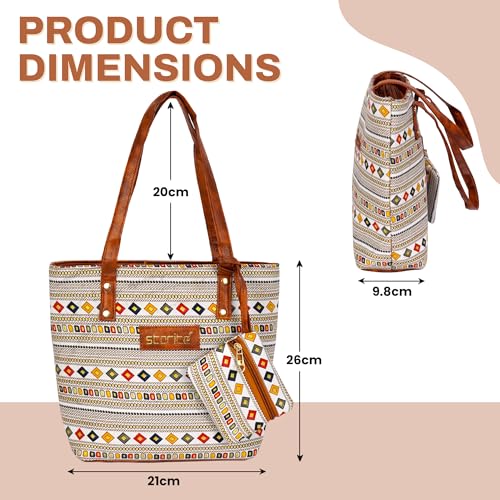 Image of Storite Small Women's Tote Bag with Leather Handles & Embroidery Printed Handbag with Zip Pockets, Shoulder Tote Bag and Handbag for Office and College (WhiteBrown, 26x21x9.8 cm)