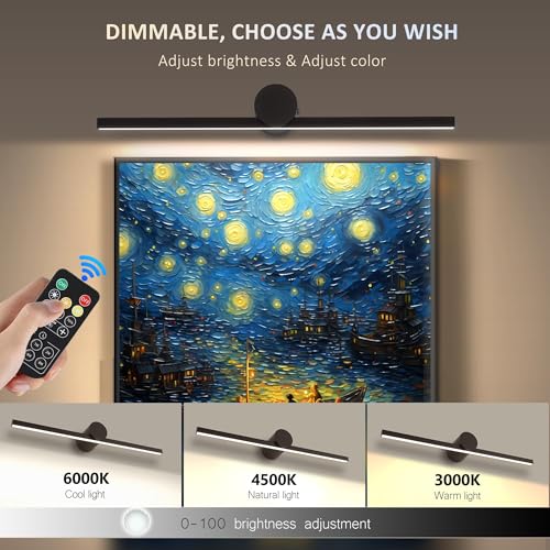 Image of ZitoStory Battery Operated Picture Light with Remote,Wireless Dimmable Art Lights for Paintings Rechargeable Gallery Light Artwork Lighting for Canvas, Portrait (Black,20'' Inch)