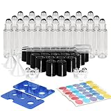 Comsaf 10ml Ätherische Öle Roller Glasflaschen 24er Set Anti-UV Klein Nachfüllbare Containermit mit Edelstahl-Roller Ball, Trichter, Öffner, Etiketten, Pipetten, für Aromatherapie Massage, Transparent