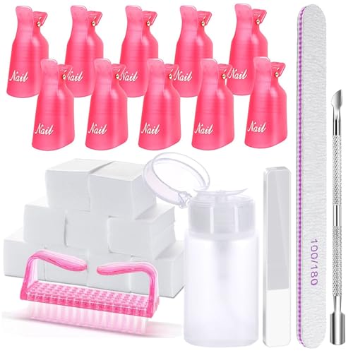 Gel Nail Polish Remover Kit -10Pcs Nail Clips,540PCS Lint Free Nail Wipes,Nail Polish Remover Pump Bottle Dispenser,100/180 Grit Nail Files,Glass Nail File,Nail Brush,Cuticle Pusher