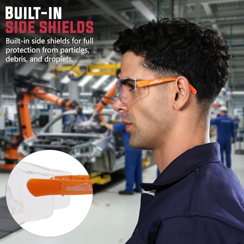 Image of BISON LIFE Vison Safe, BoxerX Safety Glasses Adjustable Angle Temples, Frameless Anti-scratch and Anti-fog Clear Lens Orange Temple - Pack of 1