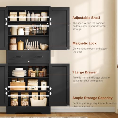 Image of TEENFON Tall Storage Cabinet with 2 Adjustable Shelves & 1 Large Drawer, Kitchen Pantry Cabinet with 4 Doors, Bathroom Storage Cabinets, for Living Room, Kitchen, Bathroom, Black