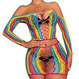 Kimfeng Rainbow Womens Lingerie Set Off Shoulder Fishnet Babydoll Long Sleeve Hollow Out Sexy Mesh Chemise Two Piece Rave Outfits Clubwear