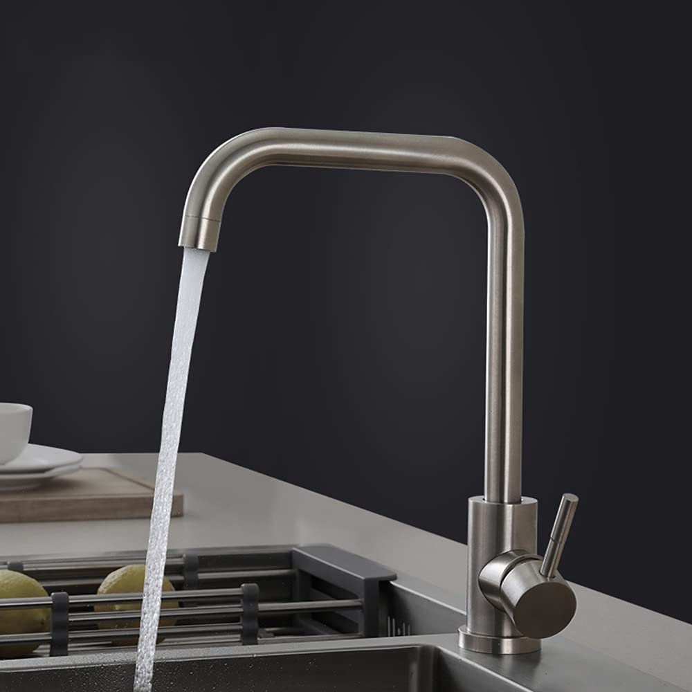 Grifo de Cocina de Acero Inoxidable 304 de una Sola manija, Doble Control, Fregadero Giratorio de Agua Caliente y fría, Grifo Adecuado para Lugares públicos de hoteles, Grifo de Recipiente Plateado