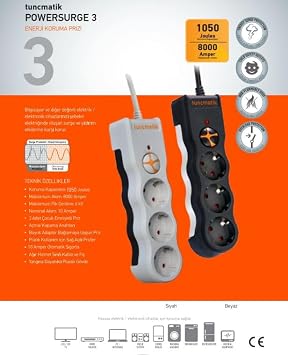 Tuncmatik Tsk19009 Powersurge 3-surge Protection Plug-1050 Joule-with Cable White