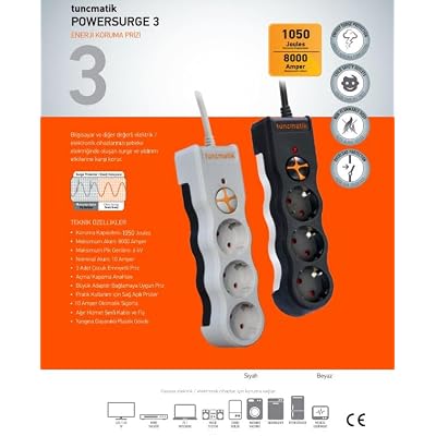 Tuncmatik Tsk19010 Powersurge 3-surge Protection Plug-1050 Joule- With Cable Black