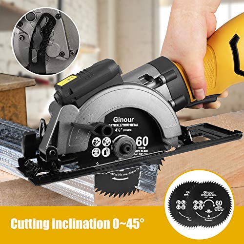 Circular Saw, Ginour 6.2A Mini Circular Saw with Laser Guide, 6 Blades(2 pcs 5\" & 4 pcs 4-1/2”), Max Cutting Depth 1-7/8\'\'(90°), 1-5/16\'\'(45°), Ideal for Wood, Tile, Backerboard, Cement, Drywall
