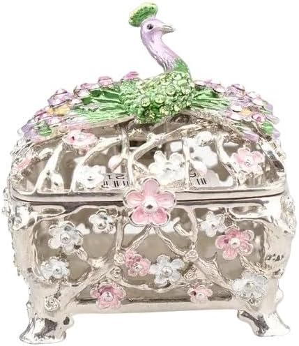 HUFFA Peacock Art Ring Jewelry Box - Elegant Metal Enamel Storage Container for Home Decoration(White)