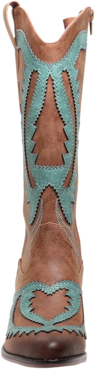 Pierre Dumas Women Western Cowboy Embroidered Faux Leather Mid-Calf Stacked Block Heel Boots