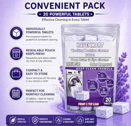 Image of Washing Machine Cleaner Tablets 20 Pcs | Deep Drum & Tub Cleaning | Removes Dirt, Residue, Limescale & Bad Odour | Washing Machine Cleaning Tablets for Front & Top Load Machines (20 pce)