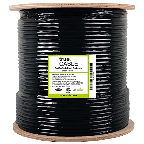 Truecable Cat5E Outdoor, Shielded Ftp, 500Ft, Uv Resistant, Aerial Cmx Rated, Black, 24Awg Solid Bare Copper, 350Mhz, Poe++ (4Ppoe), Etl Listed, Bulk Ethernet Cable #TOP3