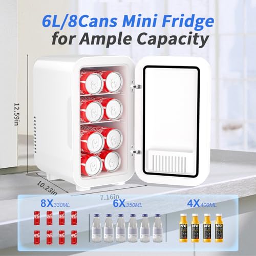 YASHE Mini Fridge, 6 Liter/8 Can 110V AC/DC Portable Thermoelectric Cooler Refrigerators for Bedroom, Skincare, Beverage, Office, Dorm Room and Car, White