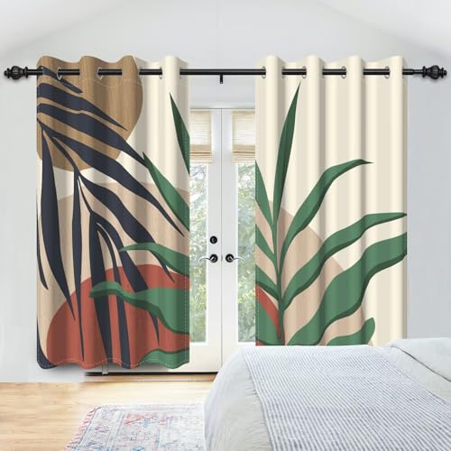 IKDZCM Cortinas Opacas con Estampado de Hojas Tropicales Bohemias, en Tonos Tierra, con Estampado de Hojas de Palma para Sala de Estar, Dormitorio y Ventana (Ancho x Alto: 2 x 125 x 180 cm)