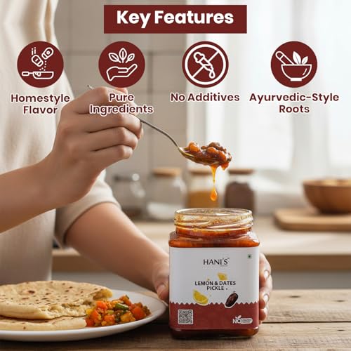 Image of HANI'S Lemon & Dates Pickle | Sweet & Tangy Homemade Style Achar | Authentic Indian Pickle | No Preservatives | Fresh Lemons & Dates | 250g Glass Jar