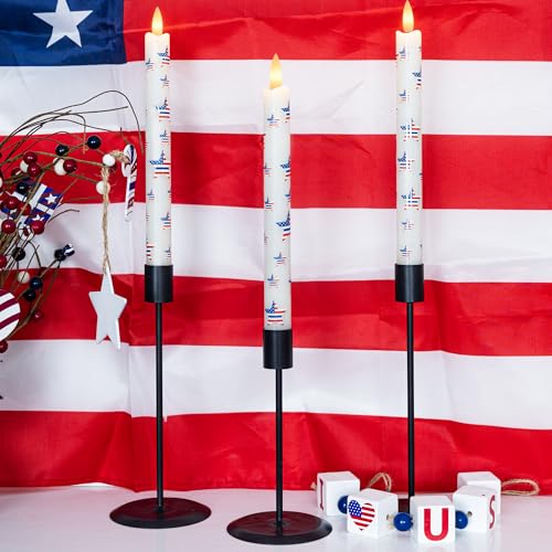 Image of JOIONE Patriotic Flameless Taper Candles with Remote, 3 Pack Star Sticker | Battery Operated, Star Stickers, Real Wax, Remote Control, Warm Flickering Glow, 4th of July Independence Day Party Decor