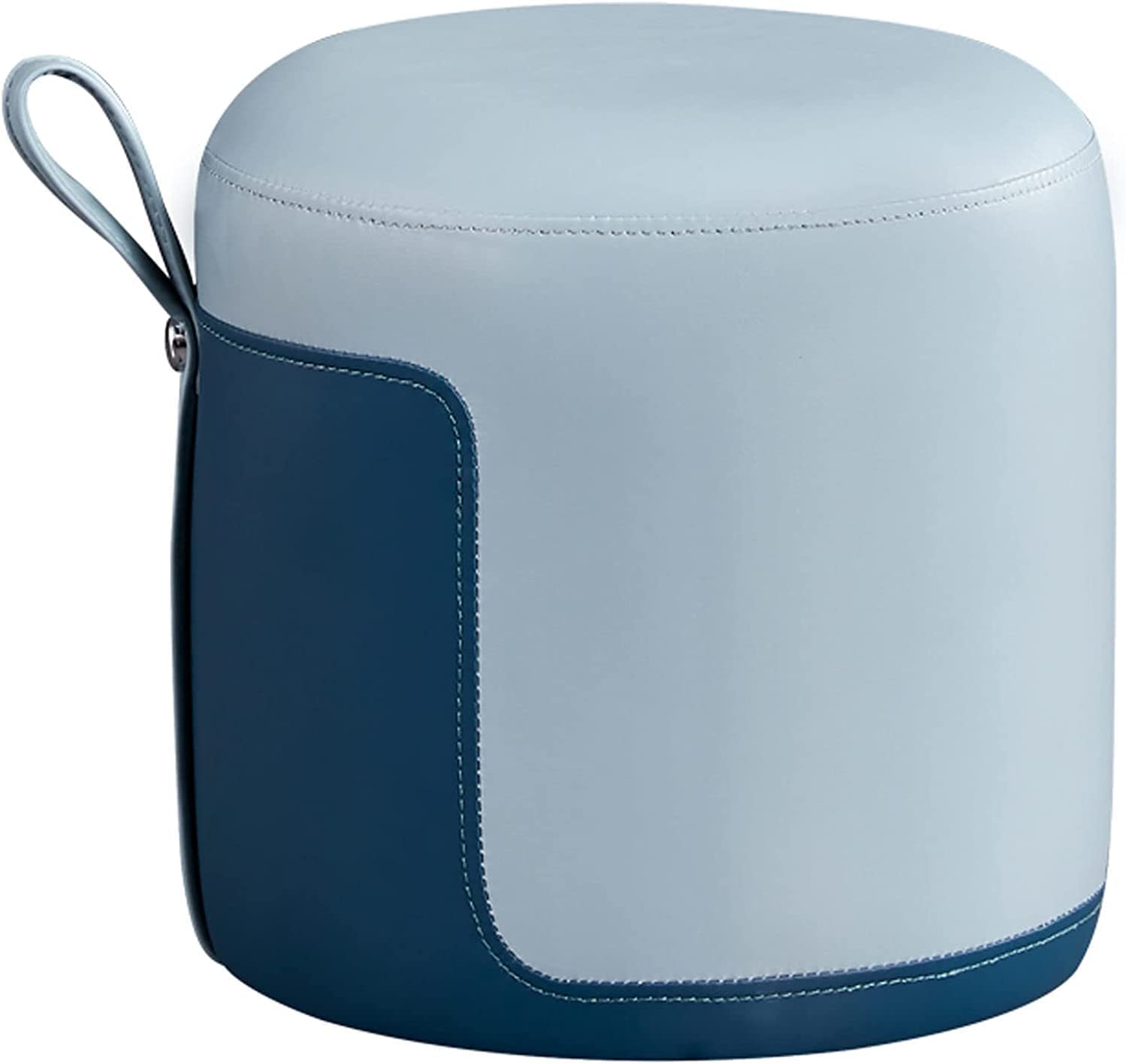 Pouf rond en PU bleu clair avec sangle et repose-pieds rembourré