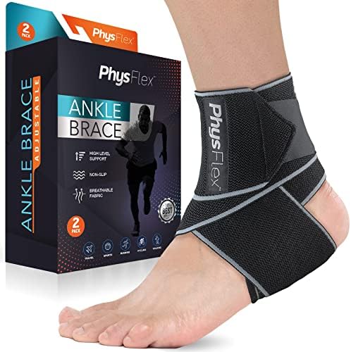 PhysFlex 2 Pack Ankle Brace - Compression Sleeve with Adjustable Strap & Comfy Ankle Support Perfect for Sprained Ankle, Achilles Tendon, Plantar Fasciitis & Sports - Ideal for Men & Women