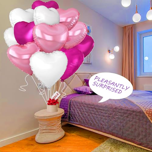 Image of Rose Heart Balloons,18inch Bright Pink Heart Shaped Foil Balloons & White Helium Mylar Balloon for Anniversary Wedding Engagement Birthday Party Baby Shower Decorations(12Pcs)