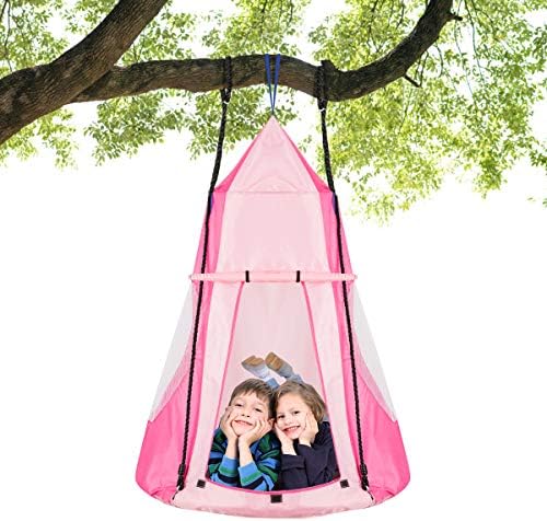 Maxmass 40'' Nest Swing Hanging Tent, 2-in-1 Saucer Tree Swing with Removable Play Tent and Hight Adjustable Rope, Kids Hammock Swing Chair for Indoor Outdoor (Pink)