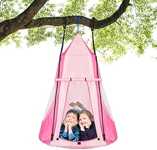 Maxmass 40'' Nest Swing Hanging Tent, 2-in-1 Saucer Tree Swing with Removable Play Tent and Hight Adjustable Rope, Kids Hammock Swing Chair for Indoor Outdoor (Pink)