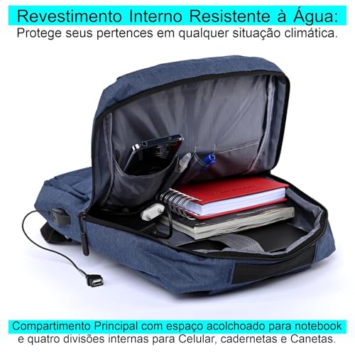 Mochila Executiva para Notebook Masculina e Feminina Cor Preta Azul e Cinza para Trabalho e Viagem +