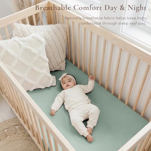 Image of Konssy Muslin Crib Sheets for Girl Boy, 2 PCS Soft and Breathable Cotton Baby Sheets for Standard Crib Mattress, 52 inchx 28 inch (Green, Cream)