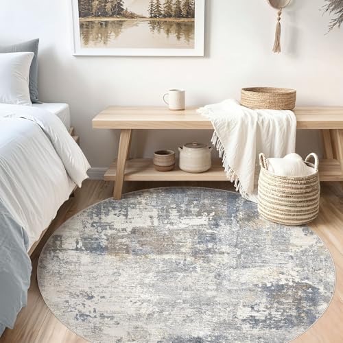 5ft Round Area Rug Living Room Rugs - 5x5 Washable Neutral Modern Abstract Soft Thin Rug Indoor Floor No Slip Rug Carpet for Bedroom Under Dining Table Home Office Decor - Blue Grey
