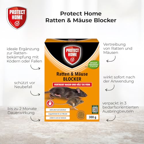 PROTECT HOME Ratten & Mäuse Blocker vertreibt Ratten und Mäuse zuverlässig mit sofortiger Wirkung und bis zu 2 Monate Dauerwirkung, 300 g
