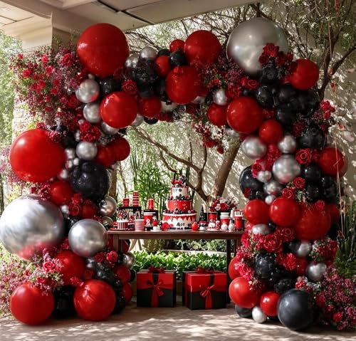 Image of Red Black Balloon Arch, Double Stuffed Dark Ruby Red Black Silver Balloon Garland Kit Burgundy Maroon Balloons for Birthday Wedding Valentines Day Baby Shower Engagement Graduation Party Decor