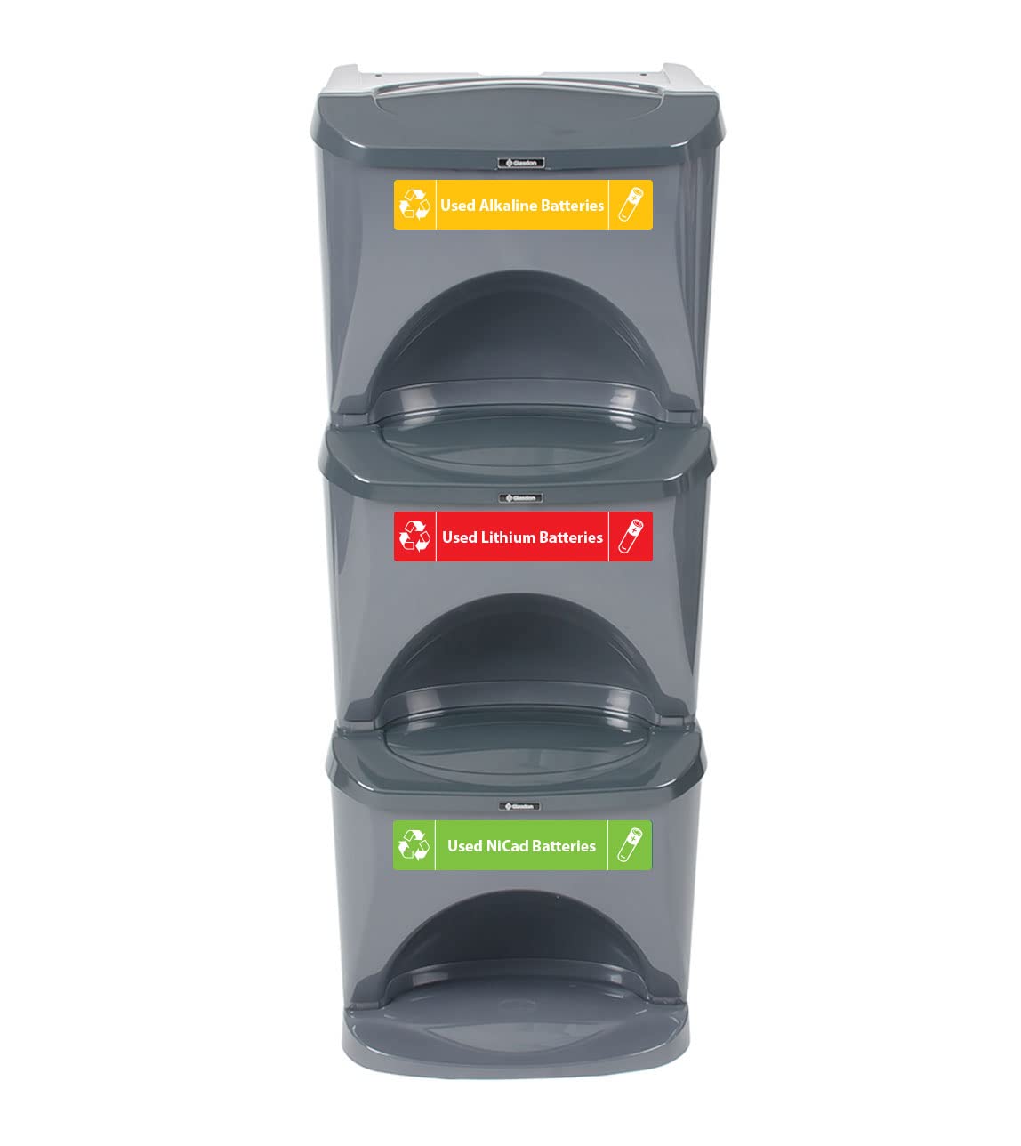 Glasdon Nexus Stack 24G Battery Recycling Bin (Dark Gray, Variety Battery Recycling Decals) – Compact 24-Gallon Stackable Battery Recycle Containers – 3 x 8-Gallon Multi-Waste Battery Bins