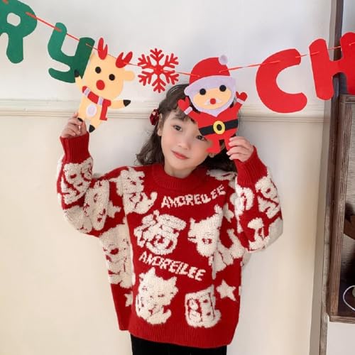 Quenny Chinese style girl's sweater Christmas pullover children's knitted sweater cartoon red casual top thickened for warmth2