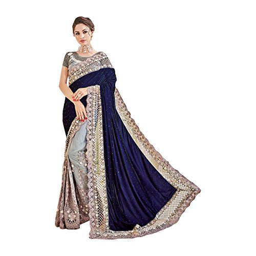 Sari de mariage bleu en broderie jari luxe avec chemisier de créateur