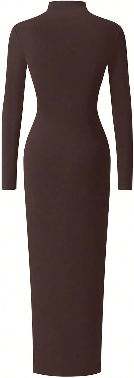GORGLITTER Women's Drop Cinched Waist Maxi Dress Casual Cocktail Long Sleeve Mock Neck Ruched Split Going Out Dresses