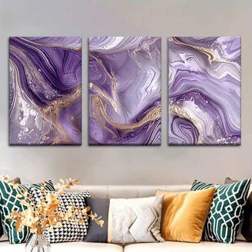 Décoration murale abstraite violette aquarelle, triptyque apaisant pour espace zen