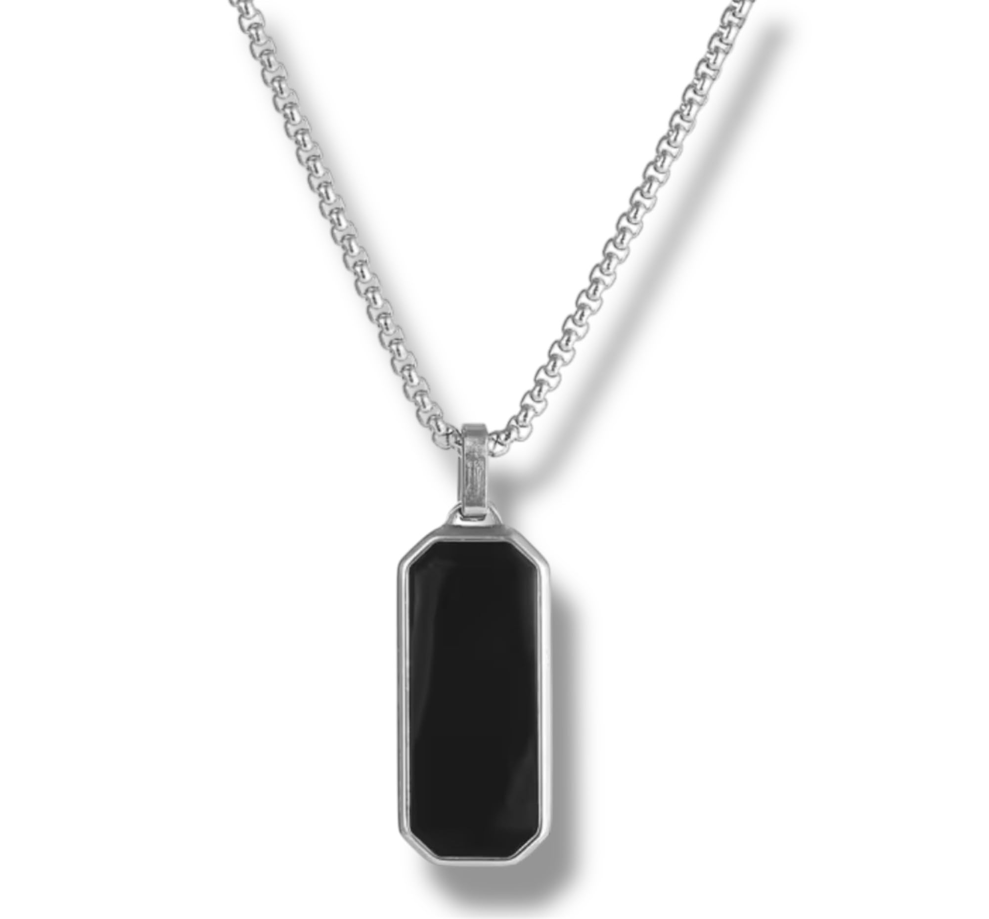 Rectangular Black Glass Cut Plate Necklace Pendant Chain | Stainless Steel Black Silver Locket Pendant Necklace Chain For Men Boys Anniversary Gift For Husband Gift Chains-image-4