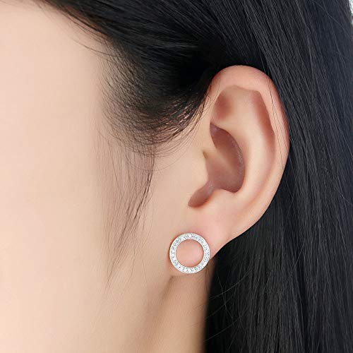 CZ Circle Minimalist Halo S925 Sterling Silver Huggie Stud Earrings for Women Round Hollow Open Statement Geometric Cubic Zirconia Post Hypoallergenic Pierced Jewelry Gifts for Birthday 11mm3