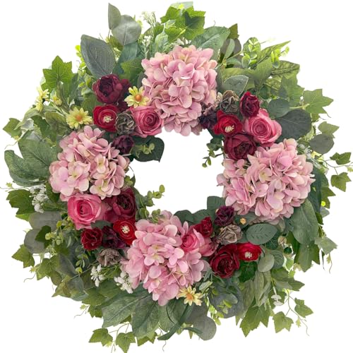HipTree 24 Inch Spring Wreaths for Front Door,Handmade Pink Burgundy Silk Hydrangeas & Roses Floral Wreath for Mothers Day Valentines Day Decorations,Indoor Outdoor and Wall Decor