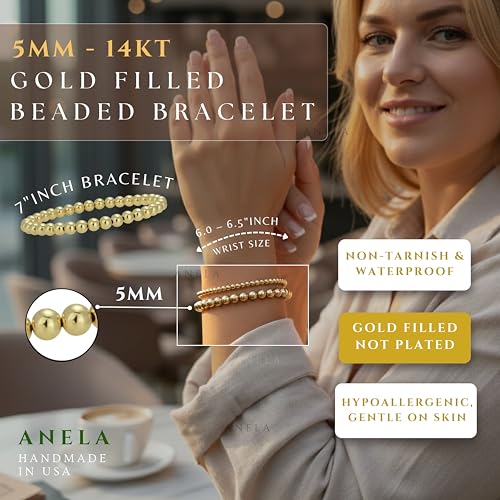 Anela 14k Gold Filled Beaded Bracelet for Women | 5mm Gold Beaded Bracelet 7" Inch | Stackable Gold Stretch Bracelets, Waterproof, Non Tarnish Gold Bead Bracelet for Women Gifts, Handmade in USA by Anela - Used condition - Image 2