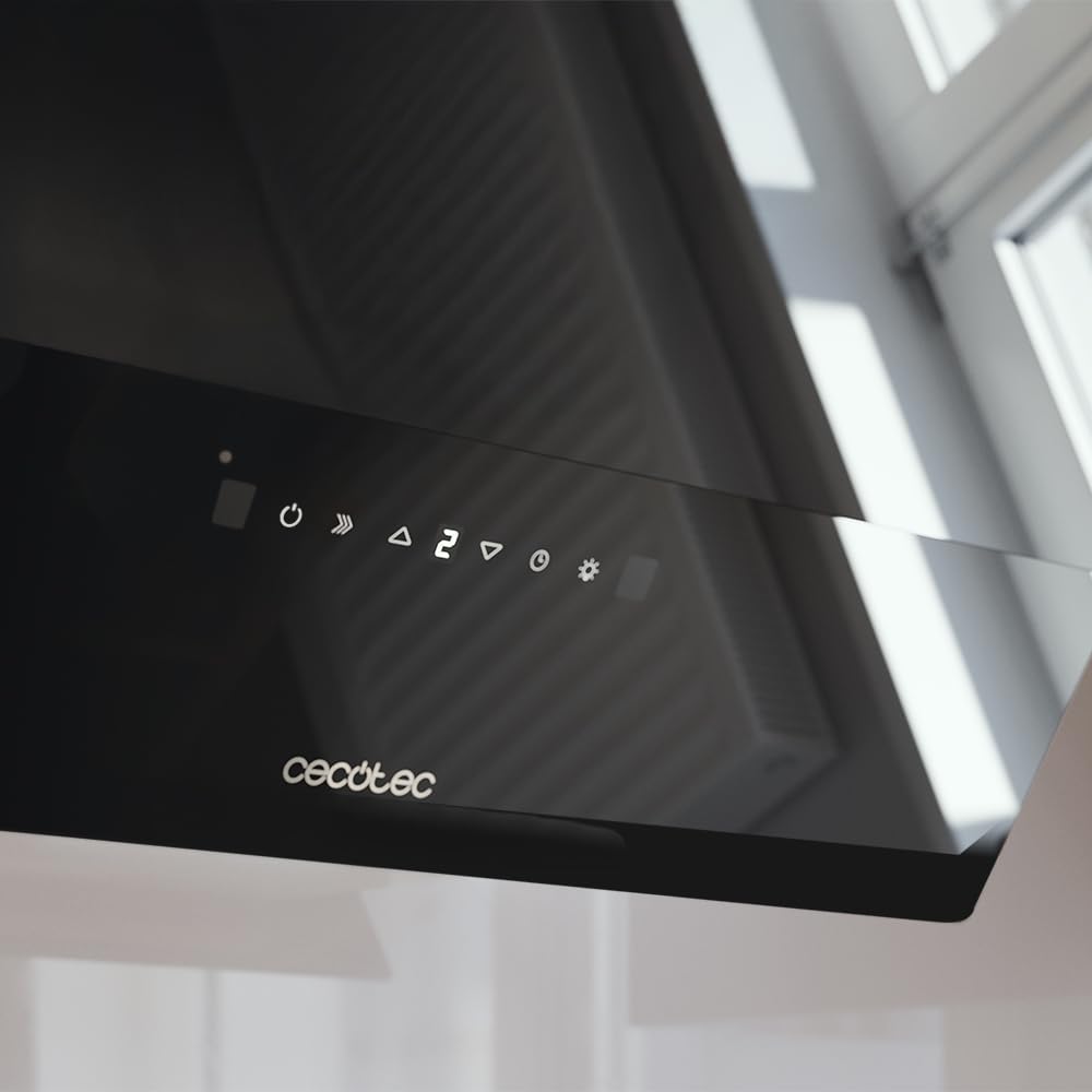 Cecotec Campana Extractora Decorativa 60 cm Bolero Flux DT 608001 Glass Black A++, 210W, Iluminación LED, Succión 800m3/h, Control Táctil, 3 Niveles, Filtro Carbono, Hand Movement, Delay Function