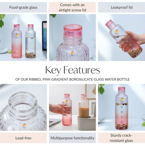 Image of Borosilicate Glass Water Bottles with Cap, Water Bottle 500ML Glass Motivational Time Marker Drink Bottle Cute Glass Milk Juice Drinking Bottles for Girls Kids Women for School, Gym (Pink)