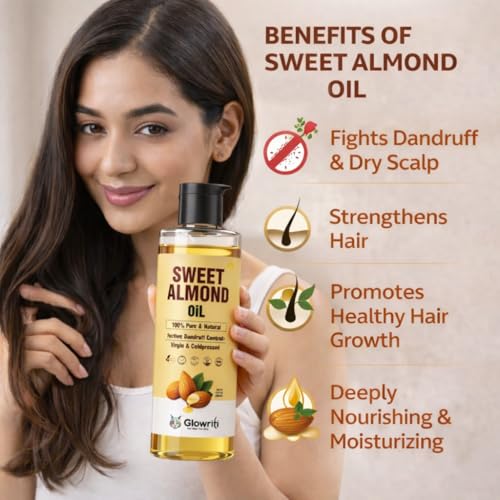 Image of Cold Pressed Sweet Almond Oil | 100% Pure and Natural | Hair & Skin Oil | Premium Grade Carrier Oil | Skin | Hair | Body | Massage | Hexane-Free | 200 ml