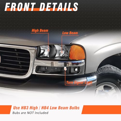 Image of 00-06 GMC Yukon Black Housing Headlights Assembly fit 1999-2006 GMC Sierra 1500 /2500 /3500 Headlamp Amber with Reflector Replacement Driver & Passenger(Bulb not included)