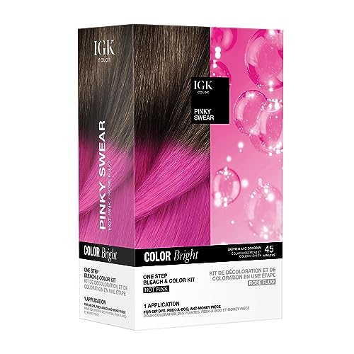 IGK Color Bright One Step Bleach & Color Kit for Accent Pieces PINKY SWEAR - Hot Pink | One-Step Color Processing + Replenishes + Hydrates | Vegan + Cruelty Free + Ammonia Free | 4 Oz
