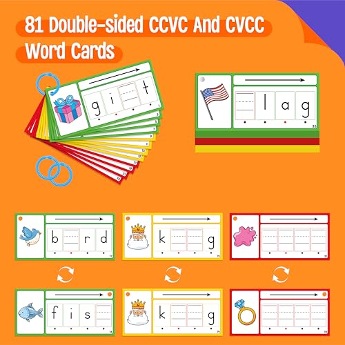 CVCC & CCVC Word Writing Cards, 81 Double-Sided Handwriting Cards 3-Level Words Spelling Flashcards Phonics Sight Words Early Educational Tool for Kids 3 4 5 Years Old (3 Plastic Rings Included) - Image 2
