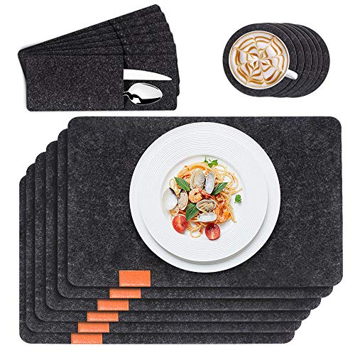 Valeny salva-vidas individuais de feltro com base de copos e bolsa de talheres conjunto de 18, lavável resistente ao calor para cozinha, sala de jantar, festa familiar - cinza