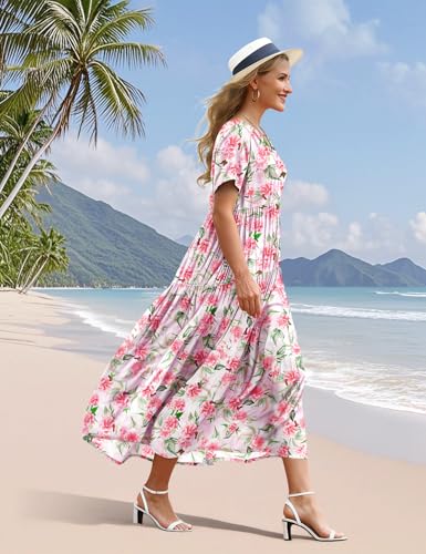 Image of YESNO Women's Summer Maxi Dresses Casual Floral Short Sleeve V Neck Boho Beach Vacation Swing Dress with Pockets EVF